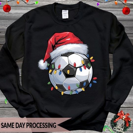 Discover Santa Football Xmas Sweatshirt, Xmas Football Lights Jumper, Soccer Santa Jumper, Christmas Football Gift