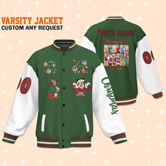 Discover Custom Varsity Jacket Mickey christmas Green Color, Personalized christmas disney jackey, Mickey and Friends Gifts, Christmas Gifts