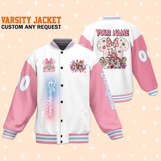 Discover Custom Varsity Jacket Mickey And Friend White And Pink Color, Personalized Name Disney Kid Adult Disney Jacket, Mickey and Friends Gifts