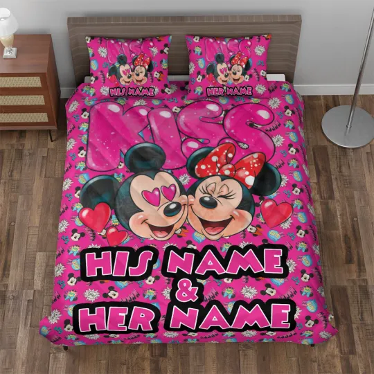 Personalized Mickey & Minnie Mouse Kiss Sweet Cute Couple Pink Quilt Bed Set