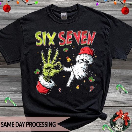 Discover Christmas Santa Green Hands T-Shirt, Funny Meme Joke Tee, Cute Character Xmas Tee, Viral 6 7 Joke Tee