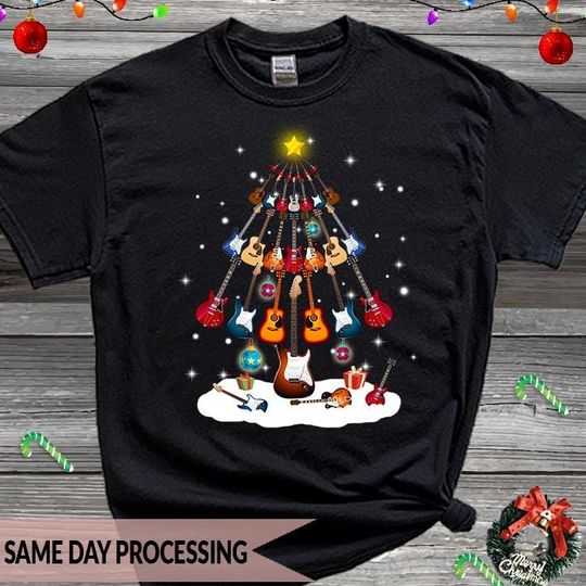Discover Guitar Christmas Tshirt, Rock Guitarist Apparel Shirt, Christmas Tree Tshirt, Guitar Lover Tee, Musical Xmas Shirt, Electric Guitar Tee 2457