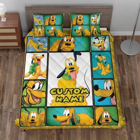 Personalized Pluto Dog Emotions Funny Yellow Dog Mickey & Friends Quilt Bed Set