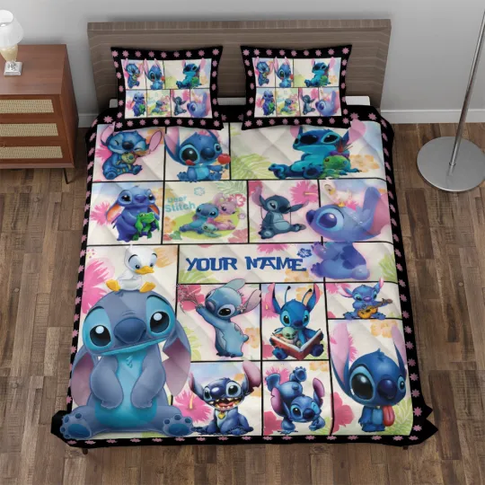 Personalized Stitch Emotions Tropical Flowers Aloha Lilo & Stitch Quilt Bed Set