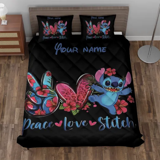 Personalized Peace Love Stitch Tropical Flowers Lilo & Stitch Fans Quilt Bed Set