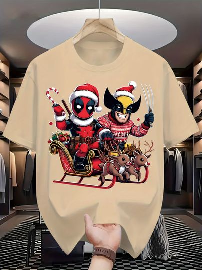 Marvel Deadpool and Wolverine Christmas T-Shirt - Santa Claus Deadpool and Wolverine Pattern Round Neck Short Sleeve, Superhero
