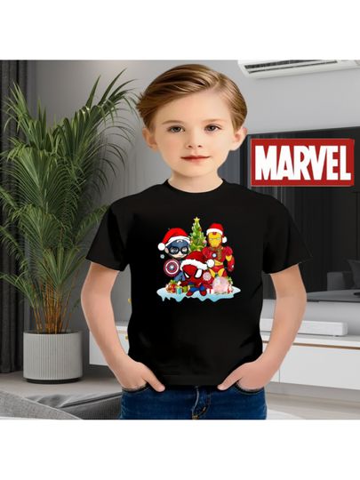 Discover Marvel Official Cute Marvel Heroes Christmas Print Kids T-Shirt, Captain America, Spider for Man and Iron for Man Design - Breat