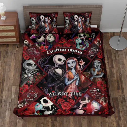 Personalized Jack & Sally With Red Roses We Got This Halloween Quilt Bed Set