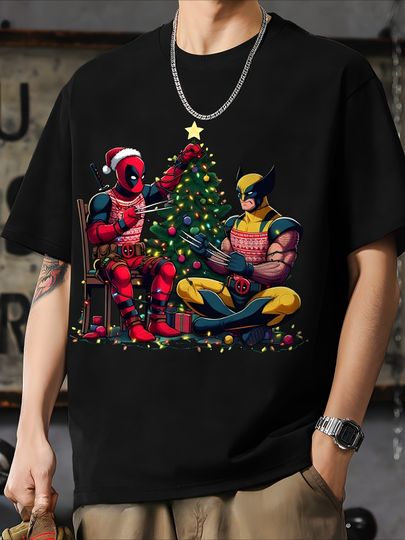 Discover Men'S Deadpool & Wolverine Christmas Graphic T-Shirt - Black Casual Crew Neck Tee with Festive Tree Design, Breathable Short