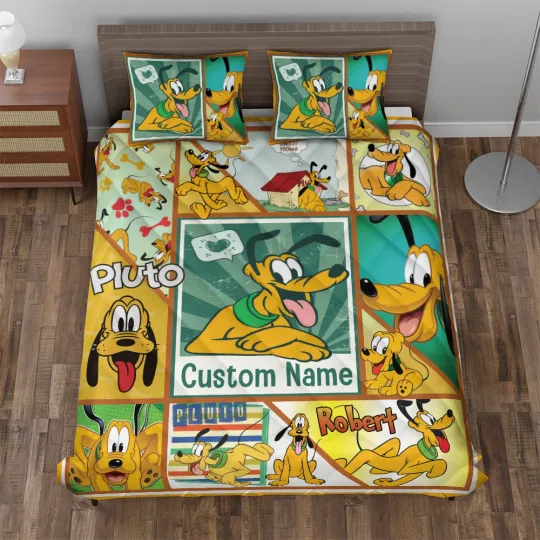 Discover Personalized Never Too Old For Pluto Dog Funny Yellow Dog Cartoon Quilt Bed Set