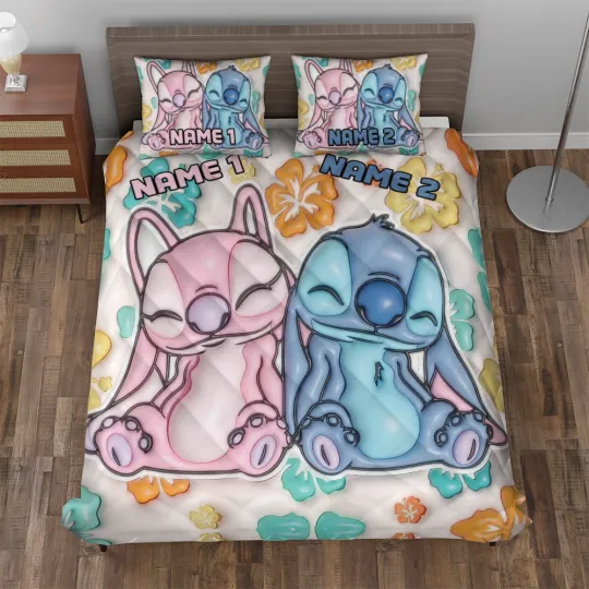 Discover Personalized Cute Stitch & Angel Sleeping Hibiscus Flowers Quilt Bed Set