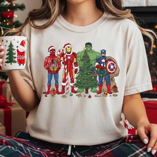 Discover Marvel Comfort Color Christmas Superhero T-shirt, all season pure cotton fashion, suitable for both men and women