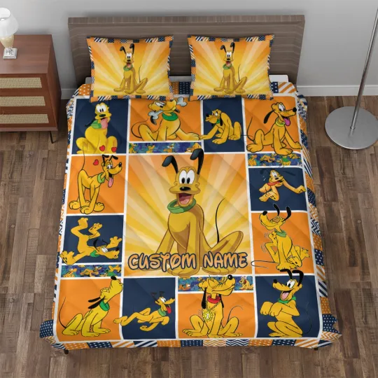 Discover Personalized Pluto's Moods Pluto's Emotions Yellow Cartoon Dog Quilt Bed Set