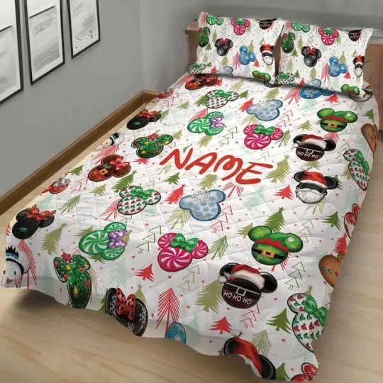 Custom Mickey & Minnie Mouse Ears Iconic Candy Christmas Gift Quilt Bed Set