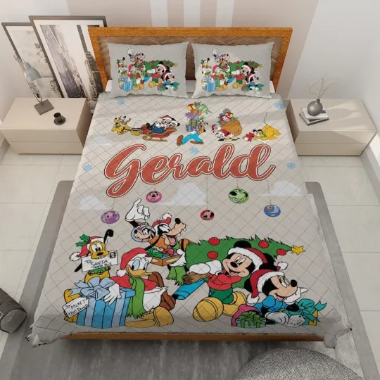 Discover Personalized Mickey & Friends Christmas Is Coming Joy To The World Quilt Bed Set