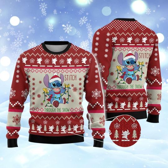 Discover Stitch Through The Snow Ugly Christmas Sweater, Santa Claus Holiday Sweatshirt, Christmas Lights, Disney Xmas Gift