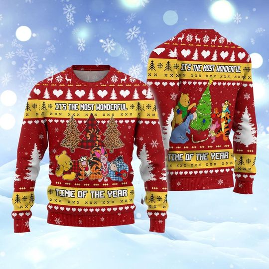Winne The Pooh Xmas Ugly Sweater, Holiday T-Shirt with Pooh Bear, Eeyore, Tigger Characters