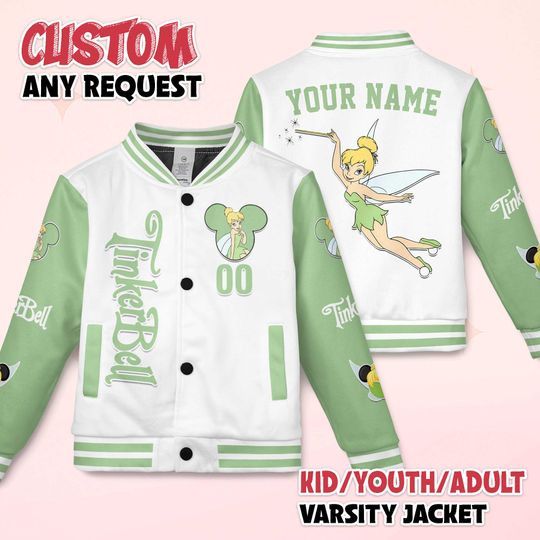 Discover Custom Tinkerbell Varsity Jacket, Personalized Tinkerbell Baseball Jacket, Kids Youth Adult Varsity Jacket