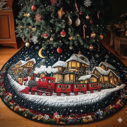 Discover Train Christmas Tree Skirt, Christmas Gift For Family, Holiday Home Decoration, Keepsake Christmas Gift, Train Xmas Tree Skirt, Xmas Decor