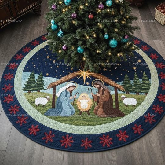 Nativity Scene Christmas Tree Skirt  Holy Family with Baby Jesus, Religious Christmas Decor, Christian Tree Mat 2025, Christmas Gifts