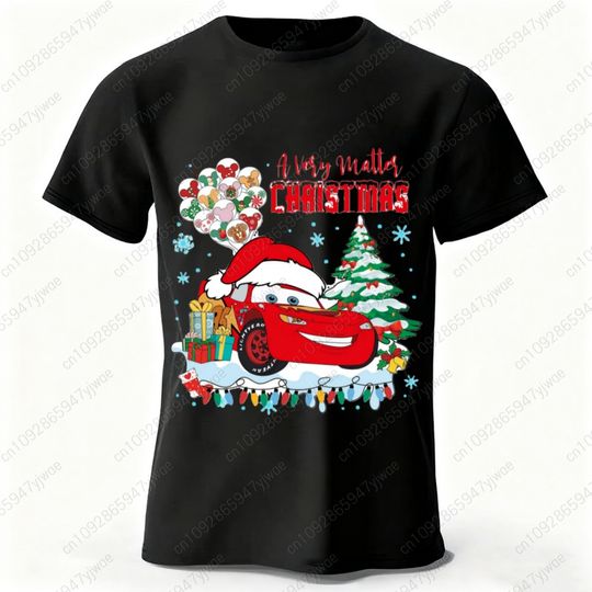 Discover 2025 Merry Christmas Fun Cars Lightning McQueen 95 Print short sleeve cotton t-shirt Autumn Winter Men Women Cotton Clothing