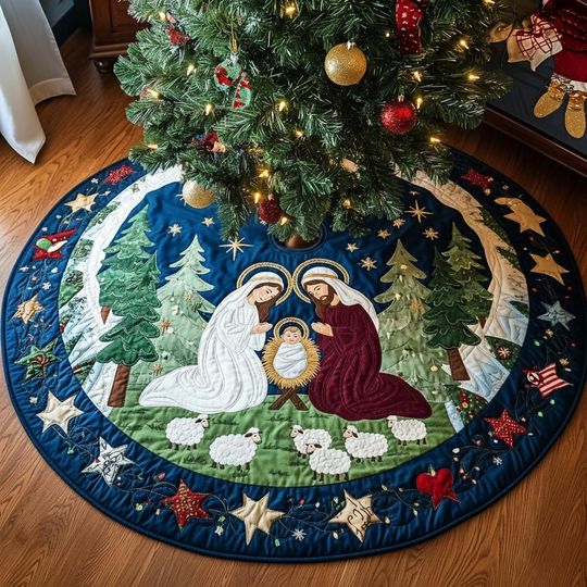 Nativity Scene Christmas Tree Skirt  Holy Family with Baby Jesus, Christian Tree Mat 2025, Religious Christmas Decor, Christmas Gifts