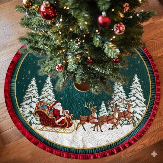 Discover Christmas Tree Skirt Santa Sleigh with Reindeer  Quilted Holiday Decor, Festive Christmas Tree Mat, Embroidered Santa Claus Tree Skirt