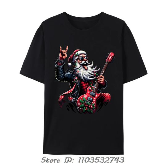Discover Rock Roll Christmas Santa Claus Guitar Player Oversized T-Shirt Autumn Soft Men's Clothing Fitness T Shirt Pure Cotton Tshirt