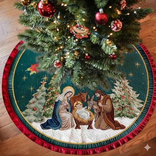 Nativity Scene Christmas Tree Skirt  Holy Family with Baby Jesus, Religious Christmas Decor, Christian Tree Mat 2025