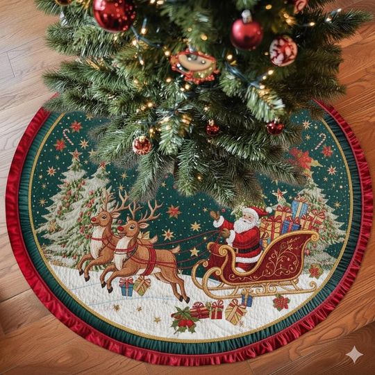Discover Christmas Tree Skirt with Santa and Reindeer  Green Red Holiday Tree Mat, Santa Sleigh Gift Scene, Classic Christmas Decor