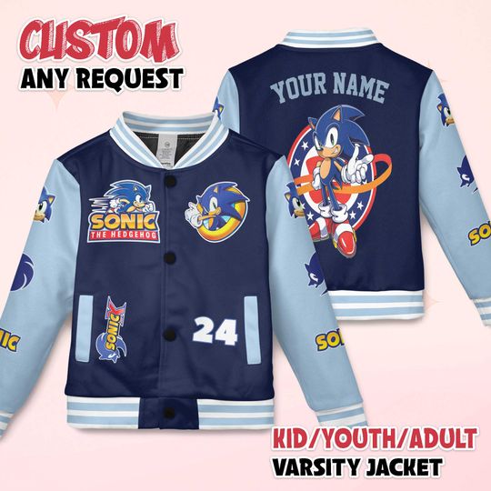 Personalized Sonic Varsity Jacket, Sonic the Hedgehog Baseball Jacket, Kids Youth Adult Varsity Jacket
