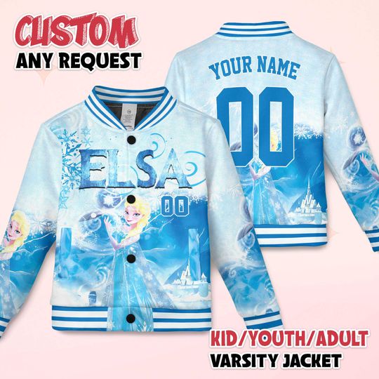 Discover Custom Elsa Varsity Jacket, Personalized Disney Elsa Princess Baseball Jacket, Kids Youth Adult Varsity Jacket