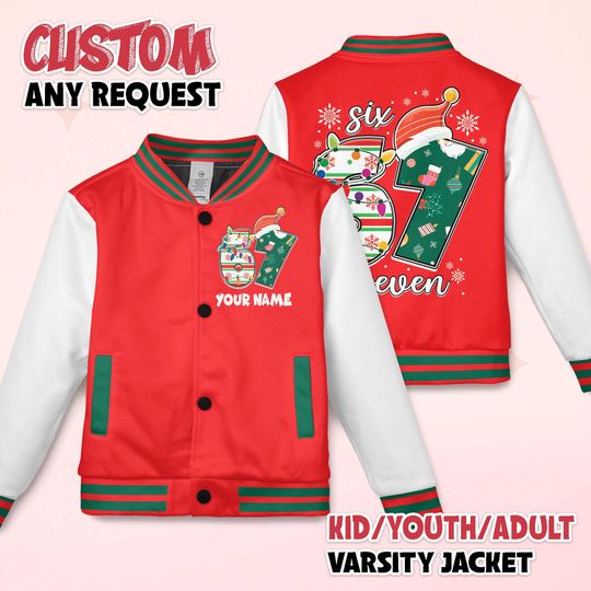 Discover Personalized 67 Meme Christmas Varsity Jacket, Custom Name Holiday Baseball Jacket, Funny Christmas Jacket, Red White Xmas Jacket