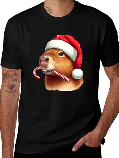 Discover Festive Capybara Christmas Print Men's T-Shirt Short Sleeve Cotton Tees Funny Tops Summer Sports T-shirt Men Oversize Clothing
