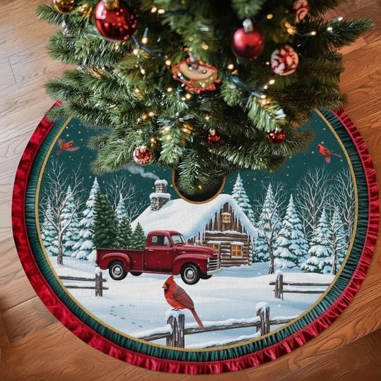 Discover Red Truck Cardinal Christmas Tree Skirt, Christmas Decor, Holiday Tree Skirt, Classic Family Christmas Decoration, Gift Idea Christmas Skirt