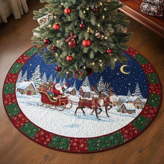 Discover Santa With Reindeer Christmas Tree Skirt, Christmas Decor, Holiday Tree Skirt,Classic Family Christmas Decoration, Gift Idea Christmas Skirt