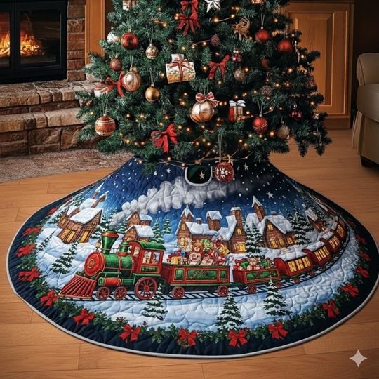 Discover Train Christmas Tree Skirt, Holiday Home Decoration, Christmas Gift For Family, Keepsake Christmas Gift, Gnomes Xmas Tree Skirt, Xmas Decor