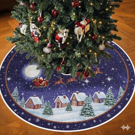 Discover Christmas Tree Skirt Santa Flying Over Village  Starry Night Winter Scene Tree Mat, Santa Sleigh and Reindeer Snow Village Tree Skirt