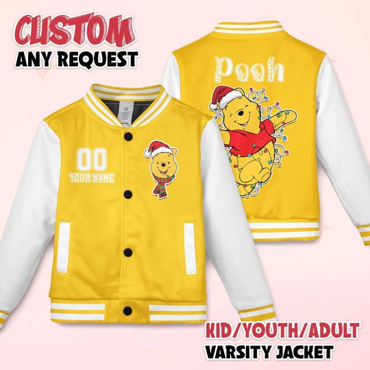 Discover Personalized Winnie the Pooh Christmas Varsity Jacket, Custom Disney Winnie the Pooh Baseball Jacket, Kids Youth Adult Varsity Jacket