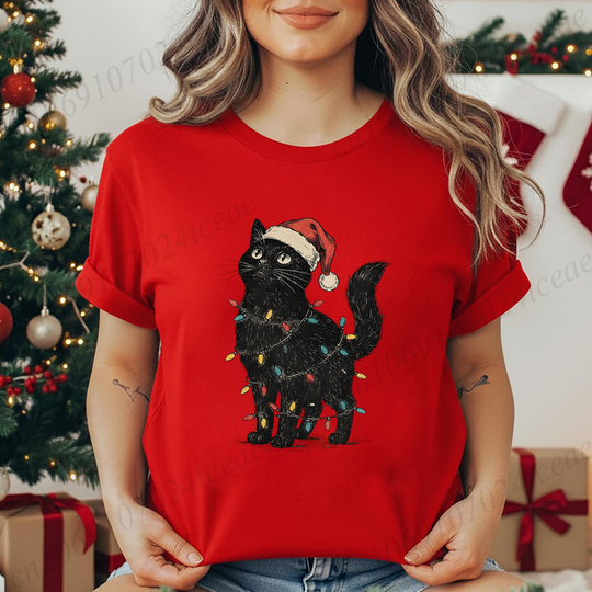Discover Women's Holiday Shirt T-Shirts Cute Cat Christmas Prints Graphic Tees Comfortable Personality Street Tops Fashion Woman Clothes