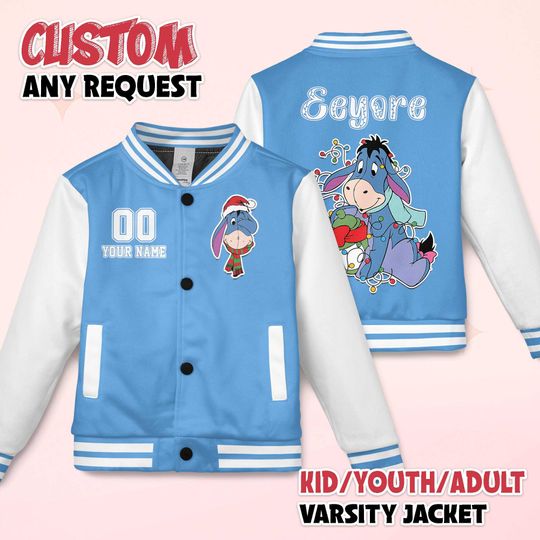 Custom Eeyore Varsity Jacket, Personalized Winnie the Pooh Baseball Jacket, Eeyore Kids Youth Adult Varsity Jacket