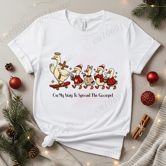 Discover On My Way To Spread The Goosepel Shirt, Preppy Christmas Goose T-Shirts,Cute Santa Snowman Goose T-Shirts for Women Clothing