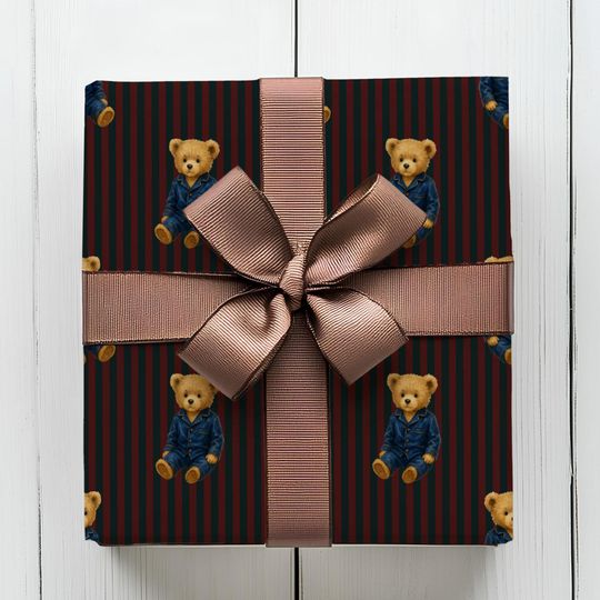 Teddy Bear Christmas Wrapping Paper, Striped Holiday Gift Wrap Roll, Classic Christmas Aesthetic, Preppy Heritage Christmas Decor