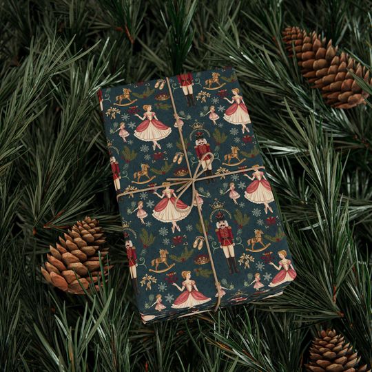 Nutcracker Wrapping Paper: Elegant Ballet Christmas Tree Gift Wrap in Moody Christmas Green