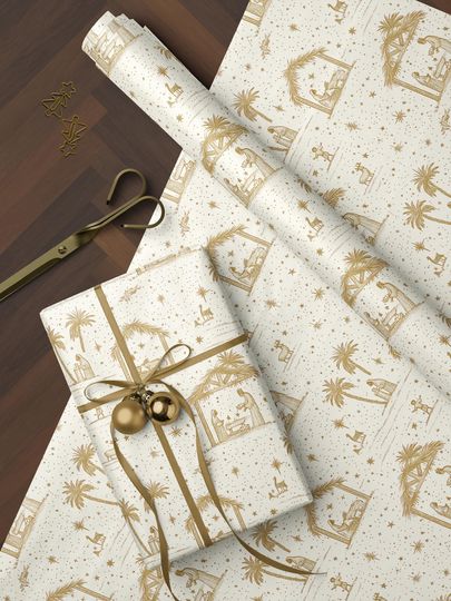 Nativity Christmas Wrapping Paper Roll Gold and Cream Nativity Scene Christian Christmas Gift Wrap Elegant Religious Holiday Wrapping Paper