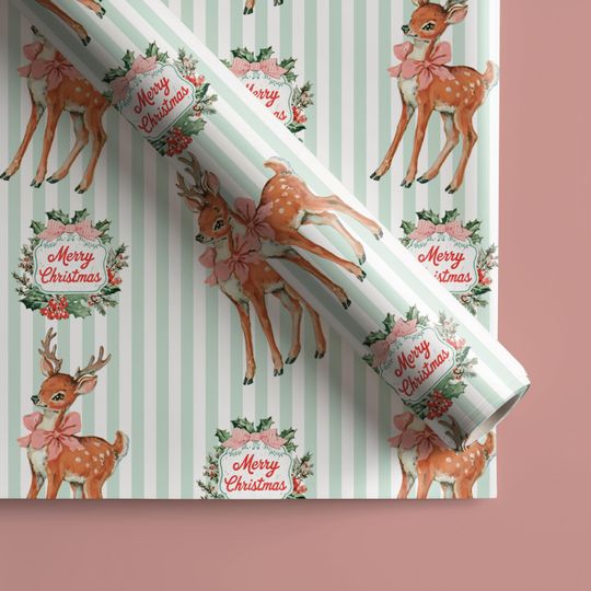 Discover Vintage Reindeer Wrapping Paper, Retro Christmas Gift Wrap Roll, Classic Holiday Wrapping Paper, Mid Century Christmas Wrap