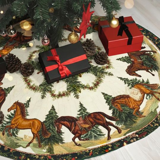 Discover Horses Christmas Tree Skirt  Printed Faux 3D Quilted Tree Mat, Holiday Horse Decor, Horses Lover Xmas Decoration