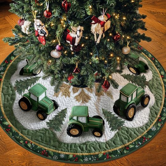 Discover Farm Tractor 3D Effect Printed Christmas Tree Skirt, Quilted Farmhouse Tree Mat for Kids and Families, Rustic Green Tractor Holiday Decor