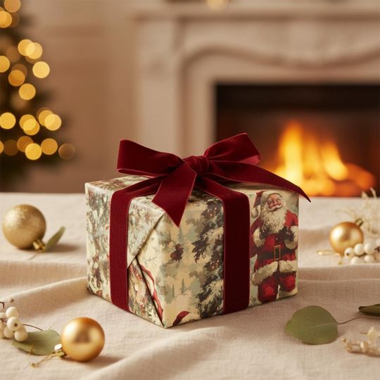 Discover Vintage Santa Wrapping Paper: Nostalgic Christmas, Traditional Holiday Gift Wrap Roll, Luxury Paper