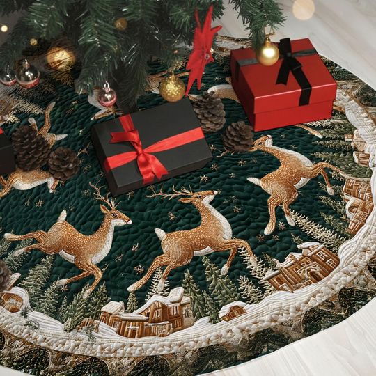 Discover Reindeer Christmas Tree Skirt  Printed Faux 3D Quilted Tree Mat, Holiday Horse Decor, Reindeer Xmas Decoration